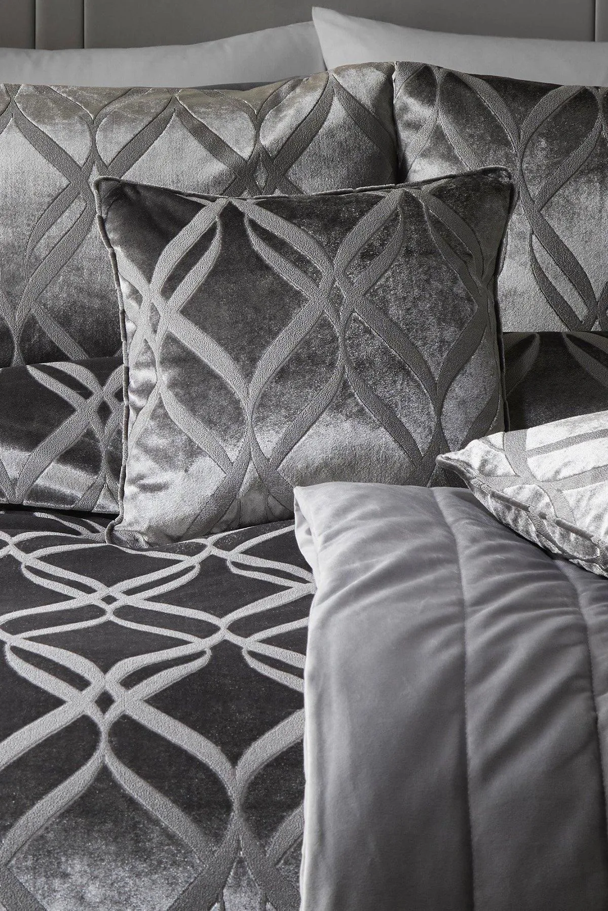 Soiree 'Belfort' Geo Ogee Woven Soft Velvet Filled Cushion in Dark Grey
