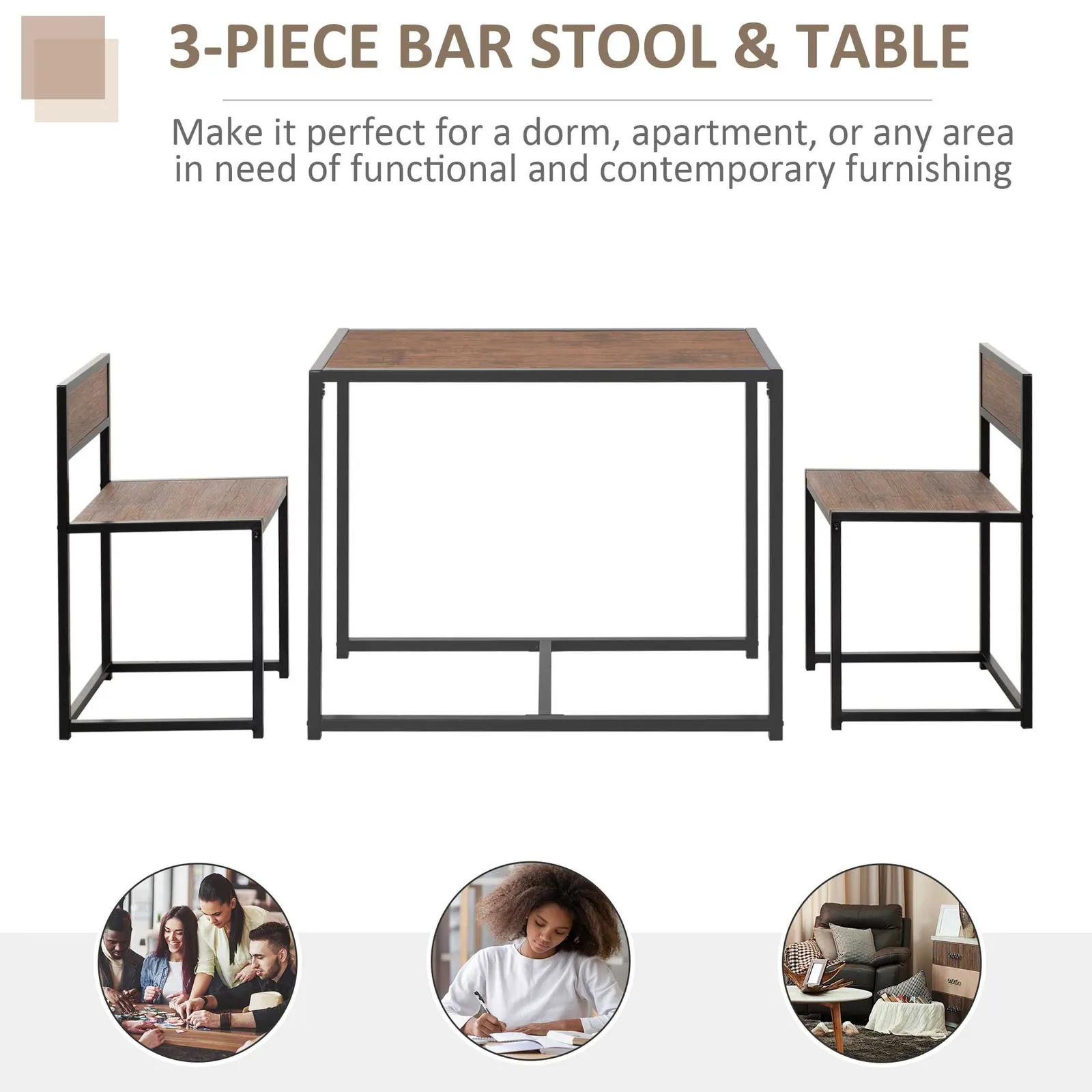 HOMCOM 3 Piece Dining Table Set with Metal Frame in Brown 6