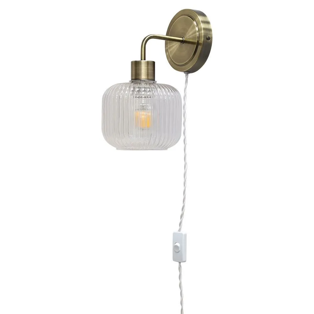 First Choice Lighting Toby - Antique Brass Plug in Wall Light with Batley Ribbed Glass Shade in Gold