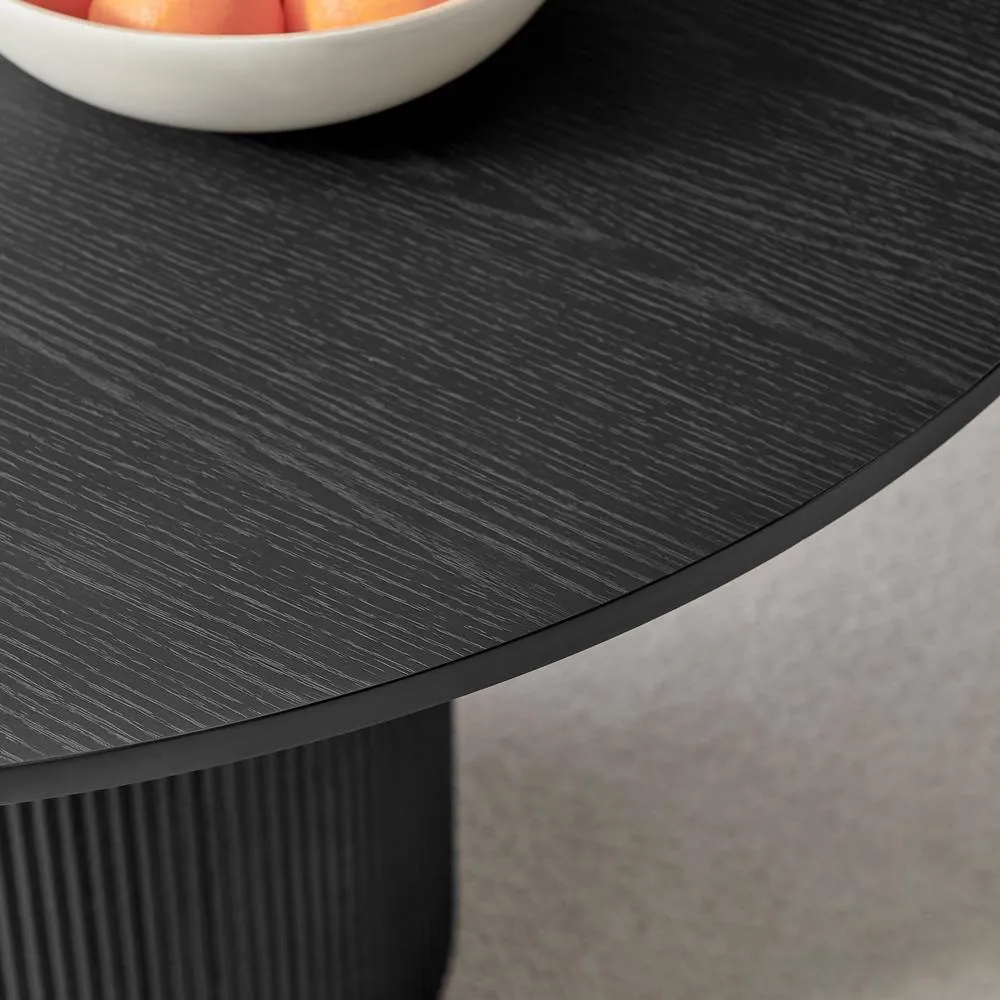 FurnitureboxUK Penrose Black Round Dining Table & 4 Beaumont Fabric Swivel Chairs in Grey 5