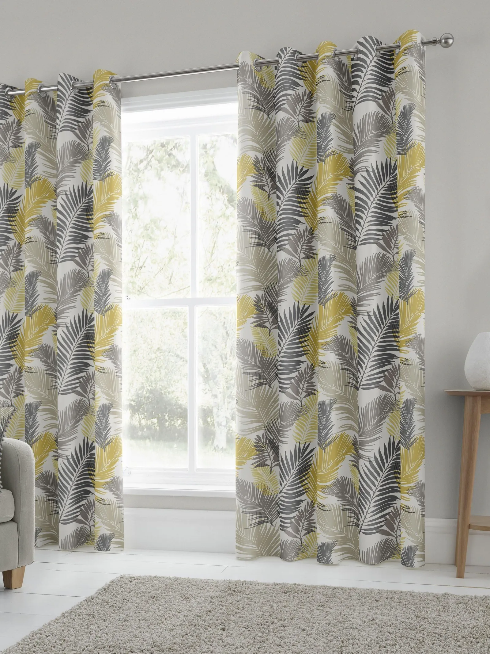 Fusion 'Tropical' Exotic Palm Leaf Print 100% Cotton Eyelet Curtains in Yellow 4