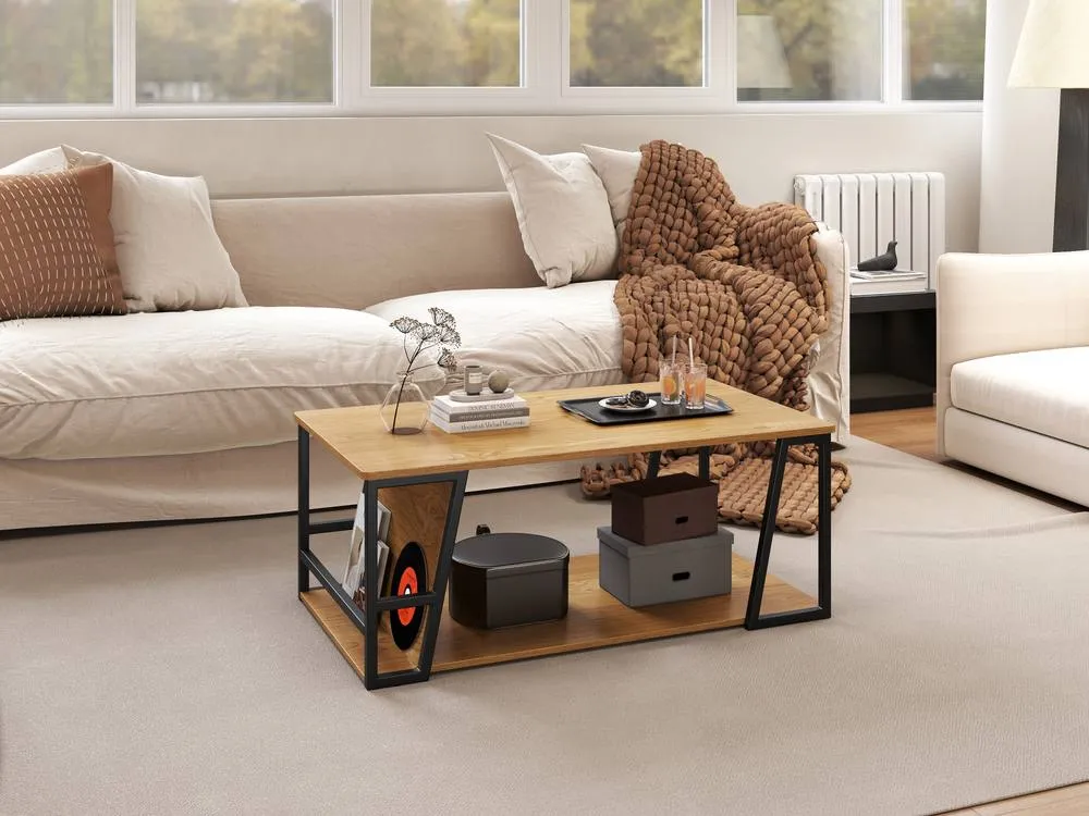 Costway Rectangle Coffee Table 2-tier Cocktail Center Accent Table w/ Shelf in Natural 3