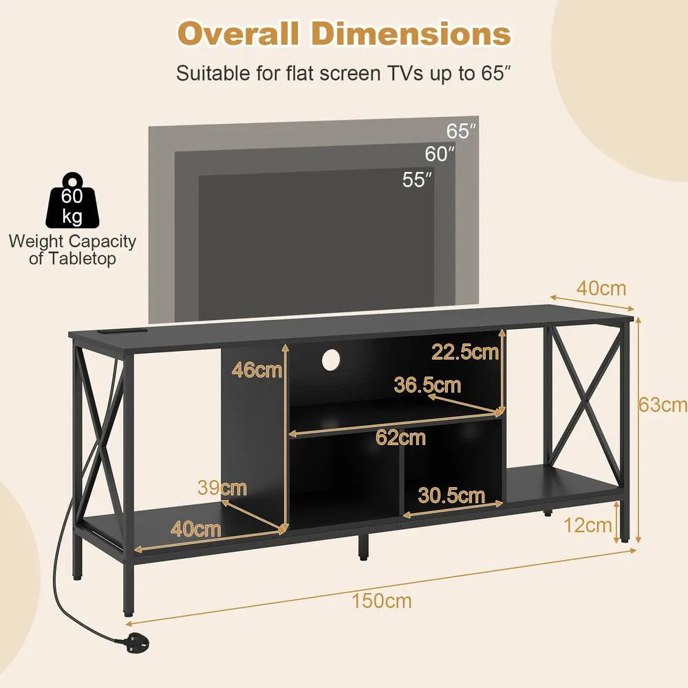Costway TV Stand LED Lights for 65 Inch TV Power Outlets in Black 2