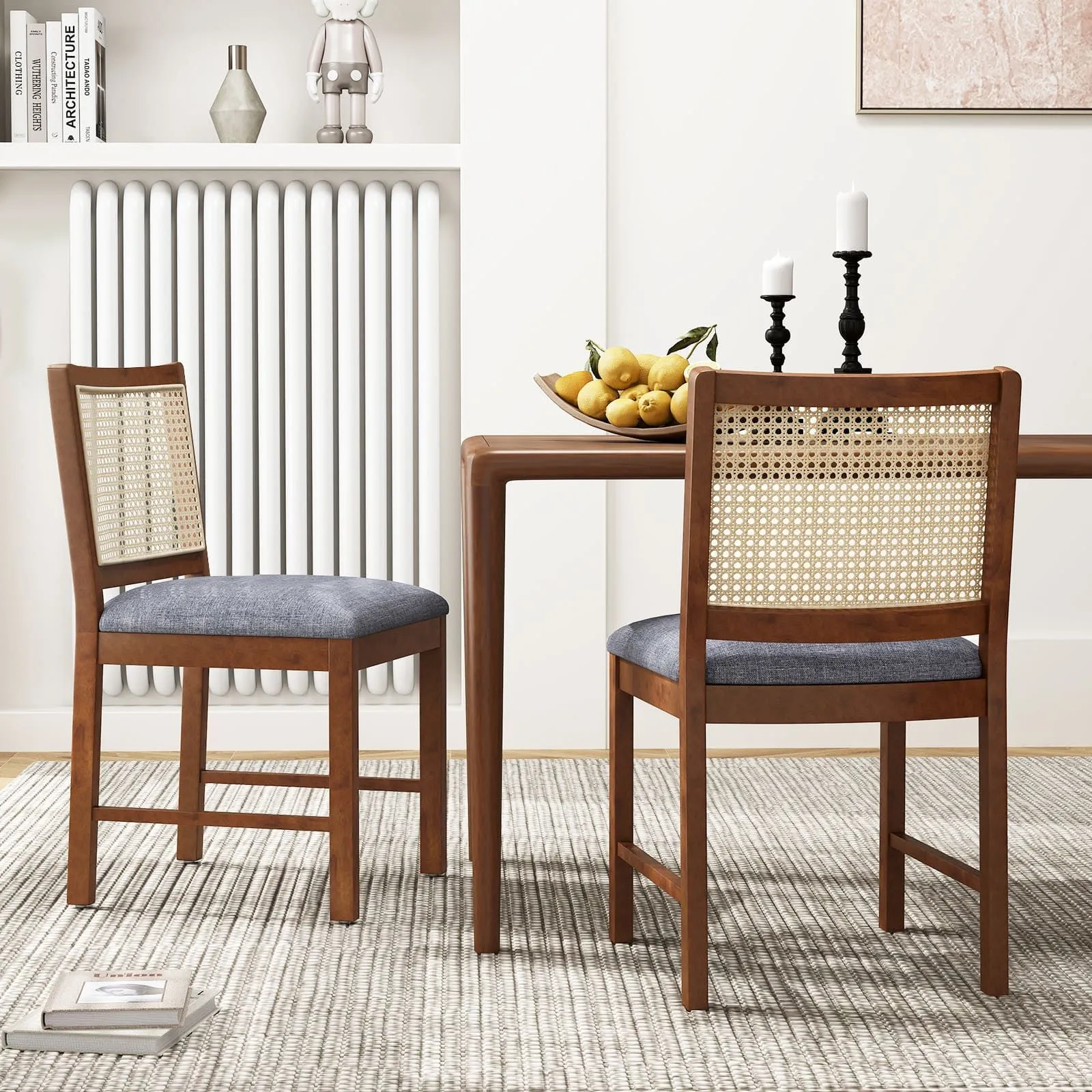 Costway Rattan Dining Chair Set of 2 Wooden Upholstered Kitchen Chairs-Brown in Brown 3