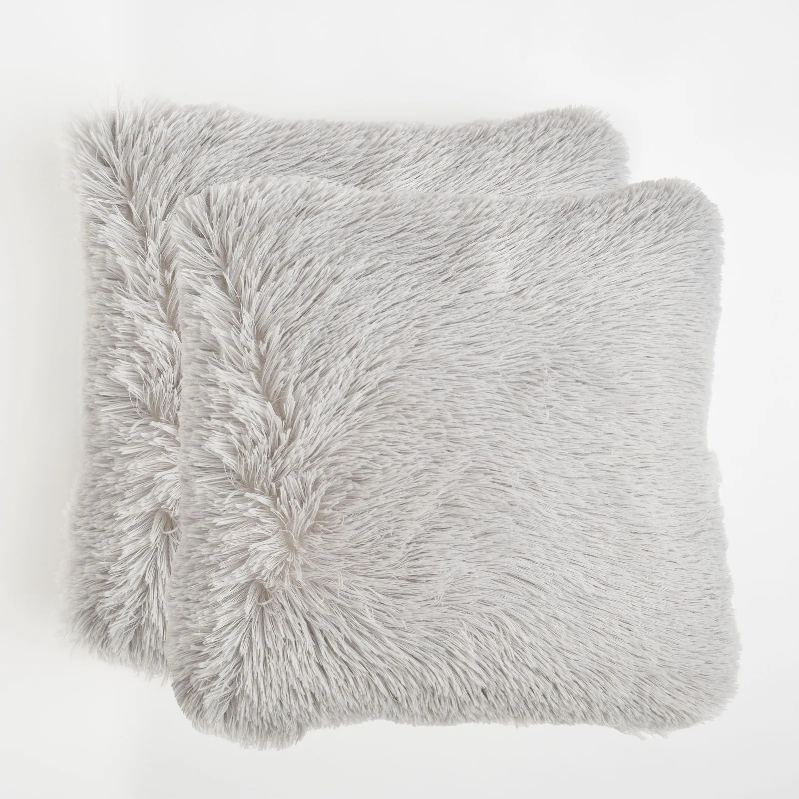 OHS Set of 2 Fluffy Shaggy Filled Cushion with Cover Square in Silver