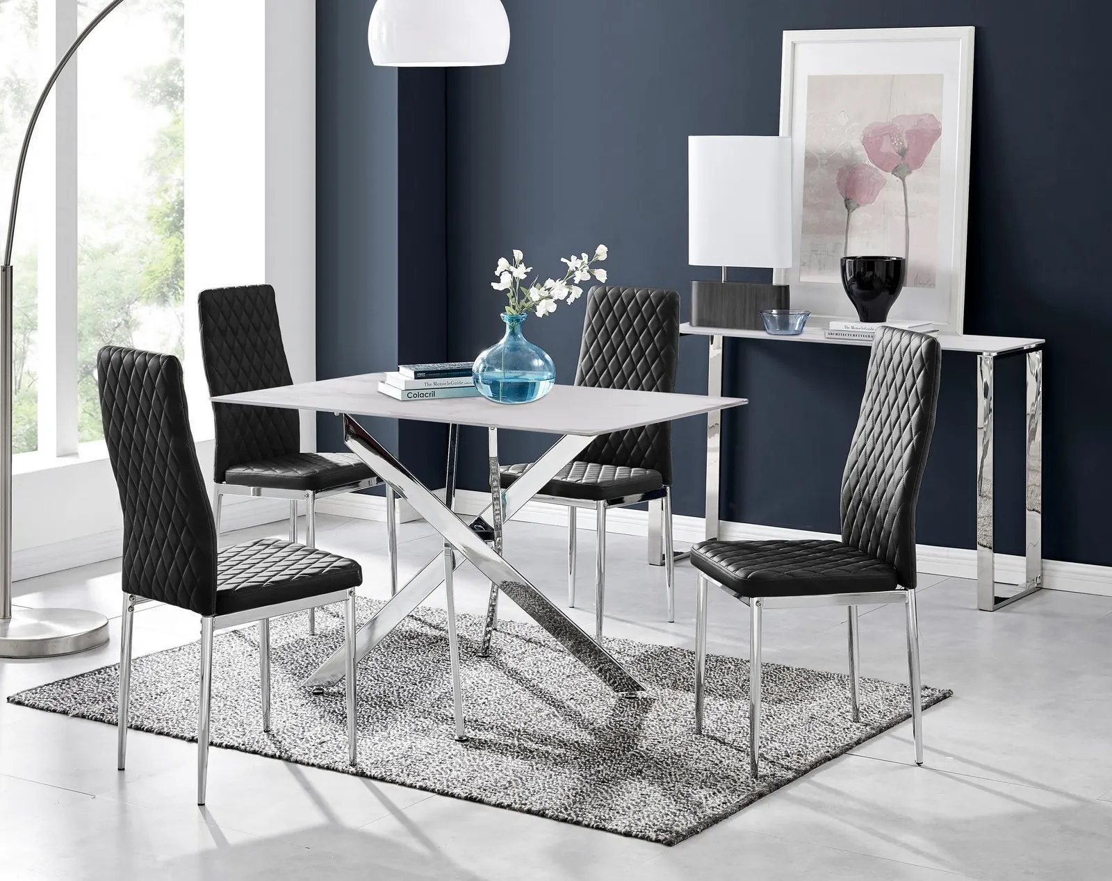 FurnitureboxUK Leonardo White Glass Marble Effect Silver Leg Table & 4 Velvet Milan Silver Leg Chairs in Black