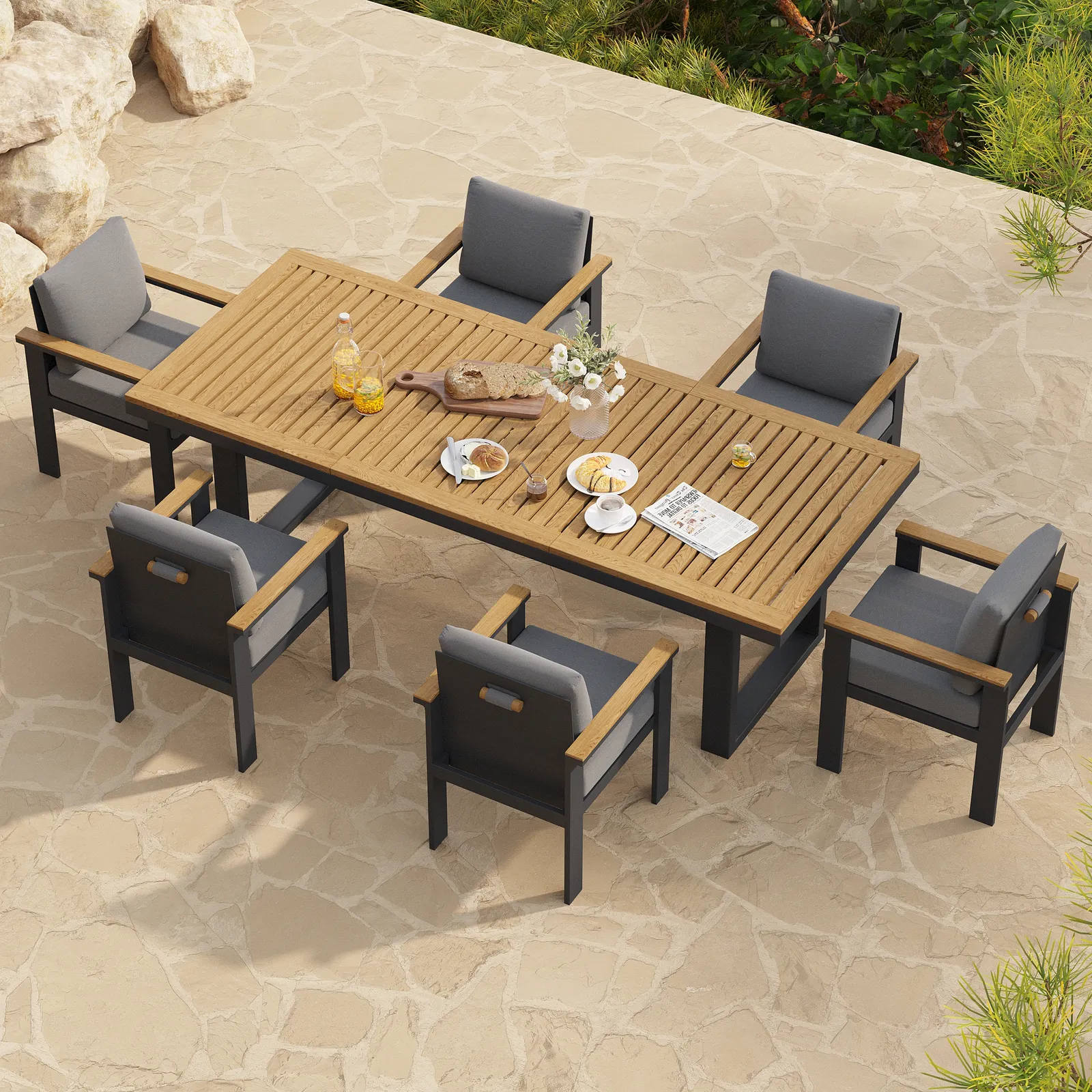 Rectangle Teak Wood & Aluminium Outdoor Patio Dining Table Modern Yard & Patio Furniture for 6 - 8 Person Teak & Aluminium Outdoor Dining Chair