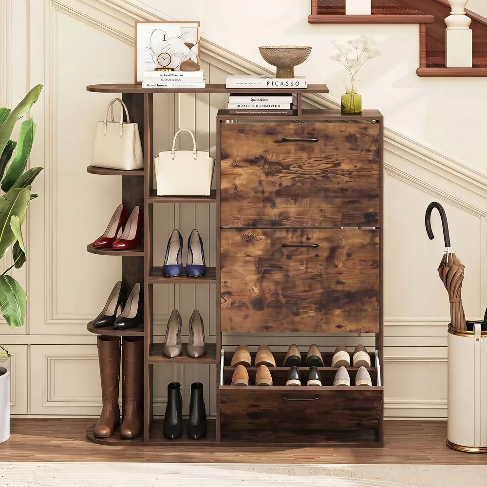 Costway Shoe Storage Cabinet Freestanding Shoe Organizer with 3 Flip Drawers in Brown 4