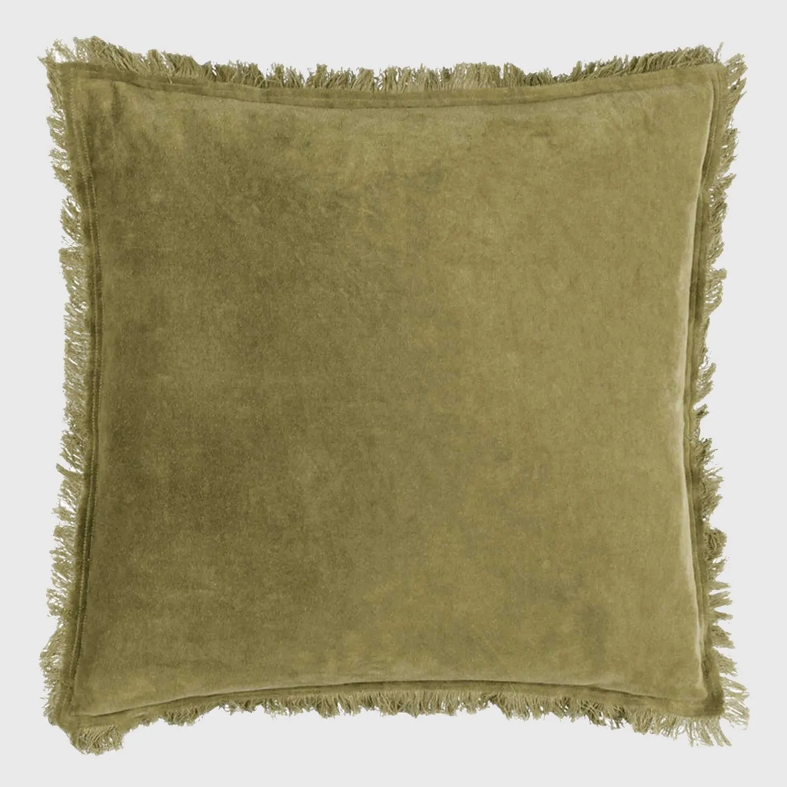 Fringed Velvet Moss Cushion, Square, Green Cotton | Barker & Stonehouse