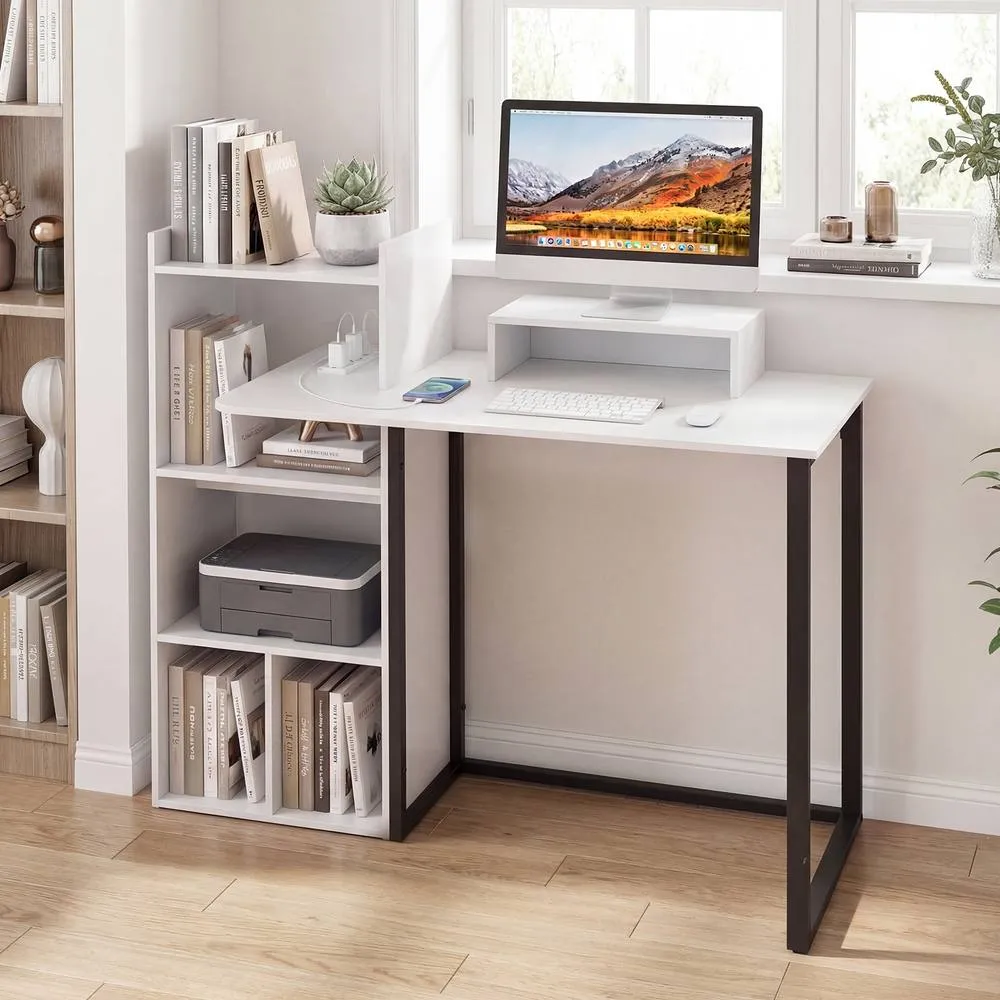 Costway 110CM Computer Desk Study Desk w/ Monitor Stand & Charging Station in White 5