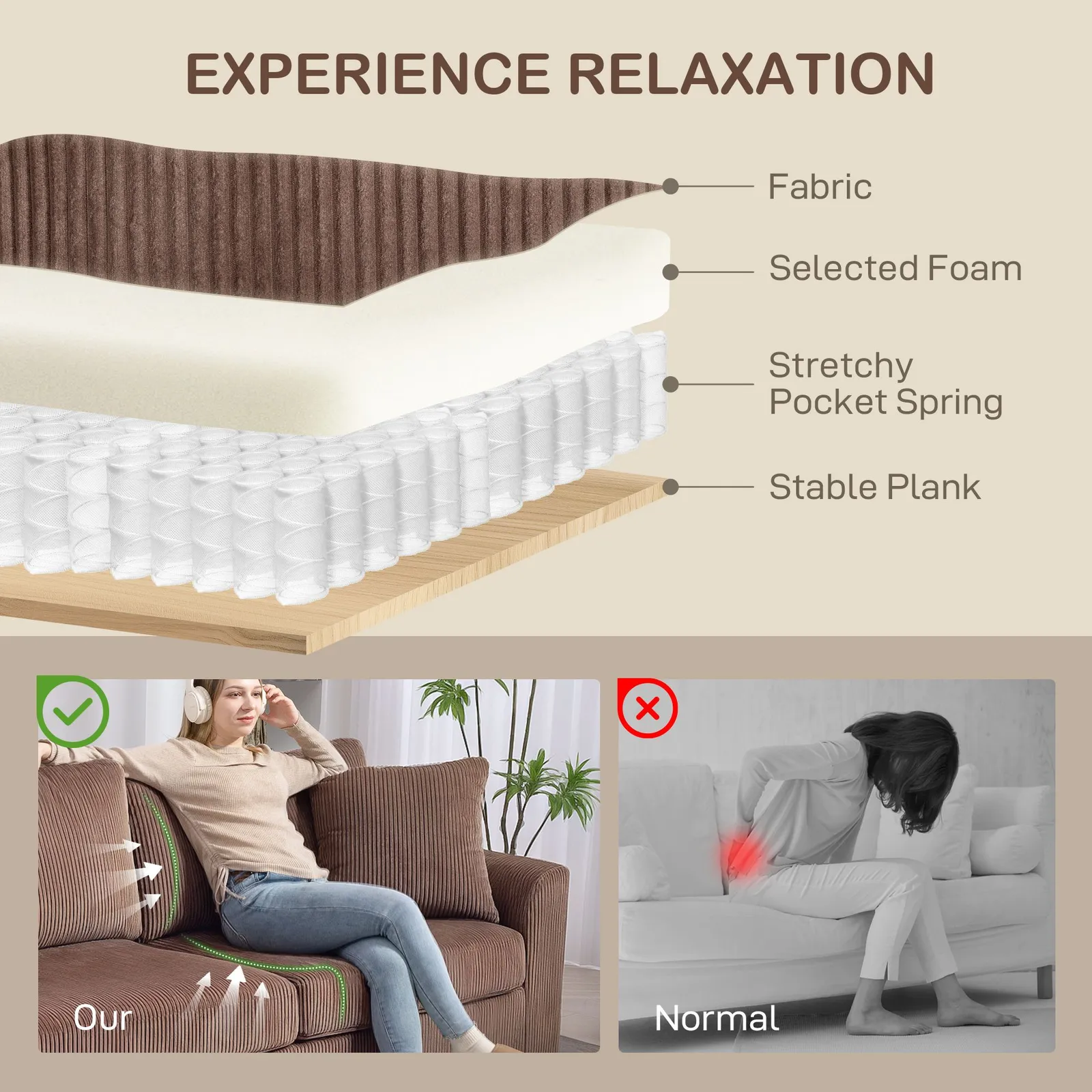 HOMCOM 212 cm Upholstered Jumbo Cord Sofa Couch with Spring Cushion, Coffee in Brown 6