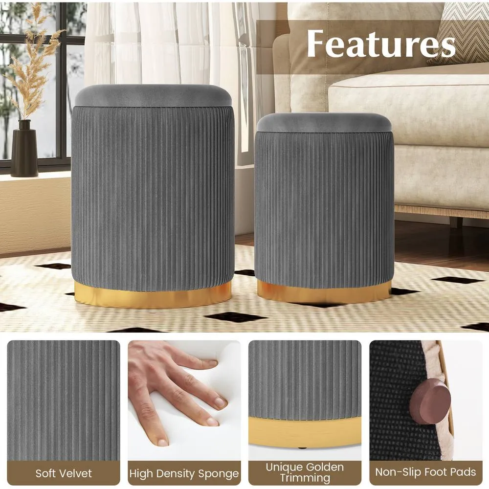 Costway 2 Pcs Velvet Round Footstools Nesting Storage Ottoman-Grey in Grey 6