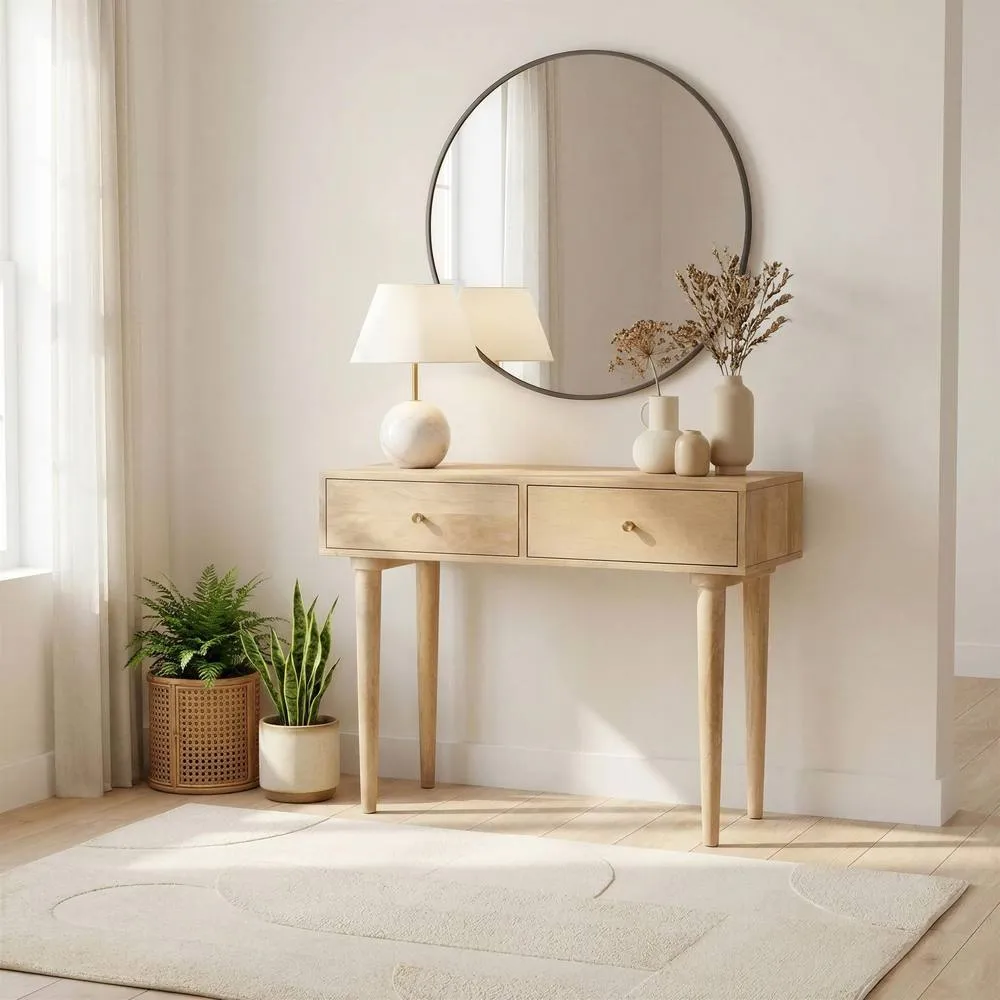FurnitureboxUK Everest Rectangle White Oak Wood 2 Drawer Console Table in Light Brown