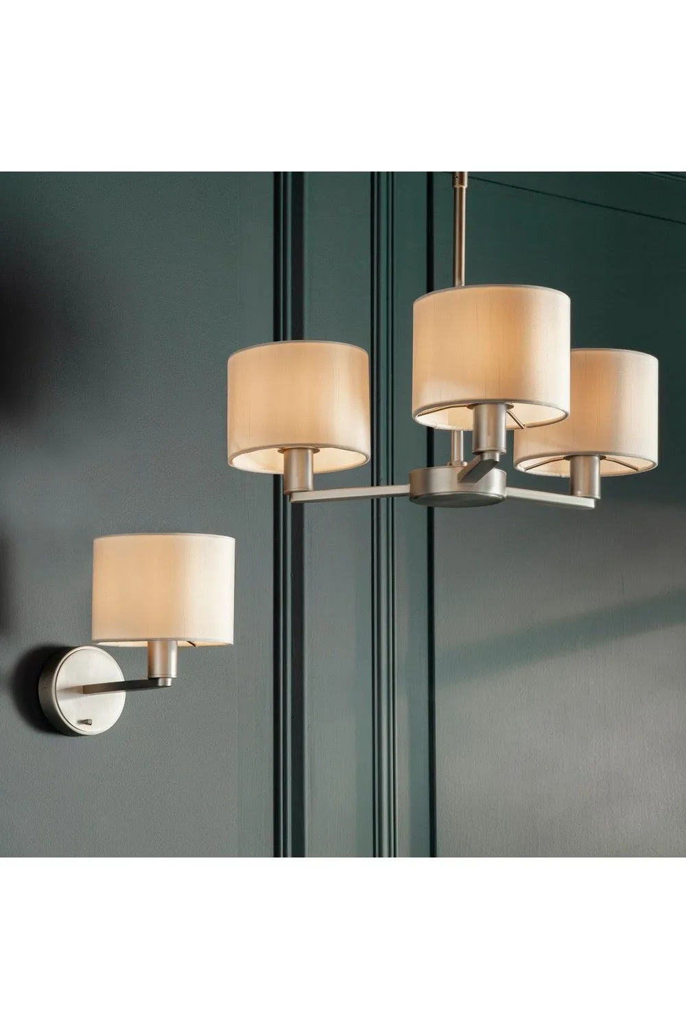 Netlighting Daley 1 Light Indoor Wall Light Matt Nickel Plate Vintage White Faux Silk E14 in Grey 4