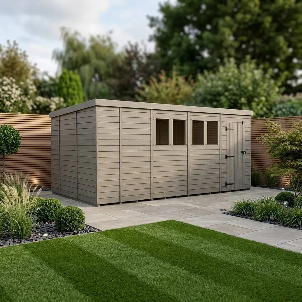 Buttercup Farm 17ft x 10ft Composite Pent Garden Shed Single Door With Windows in Grey 2