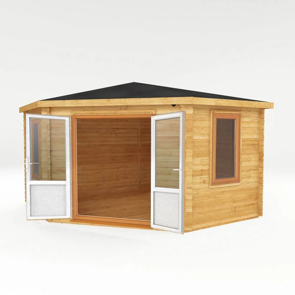 Mercia 44 mm Corner Cabin with Oak UPVC Windows & Doors, L415 x W409 x H287cm in Light Tan 4
