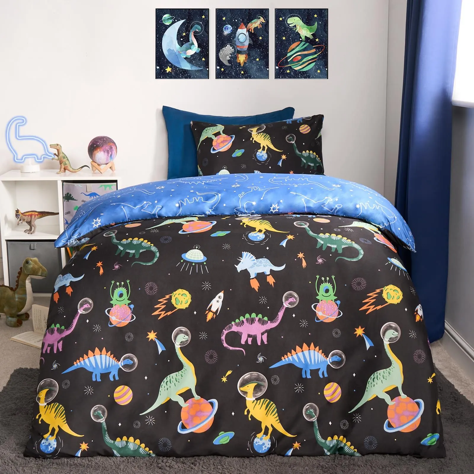 OHS Space Duvet Cover Bedding Set Pillowcases Dino Reversible Quilt in Navy