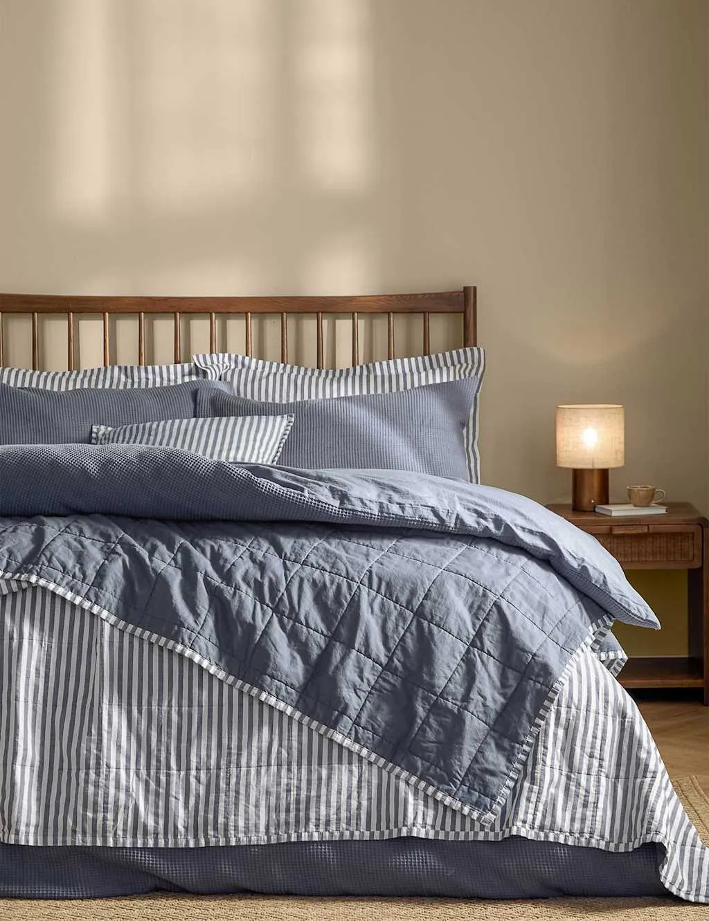 YARD Hebden Washed Striped Quilted Bedspread Pale Blue