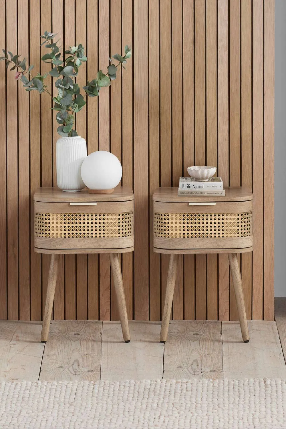 Birlea Pair of Rattan Bedside Cabinet 1 Drawer Oak Sark Side Table in Natural