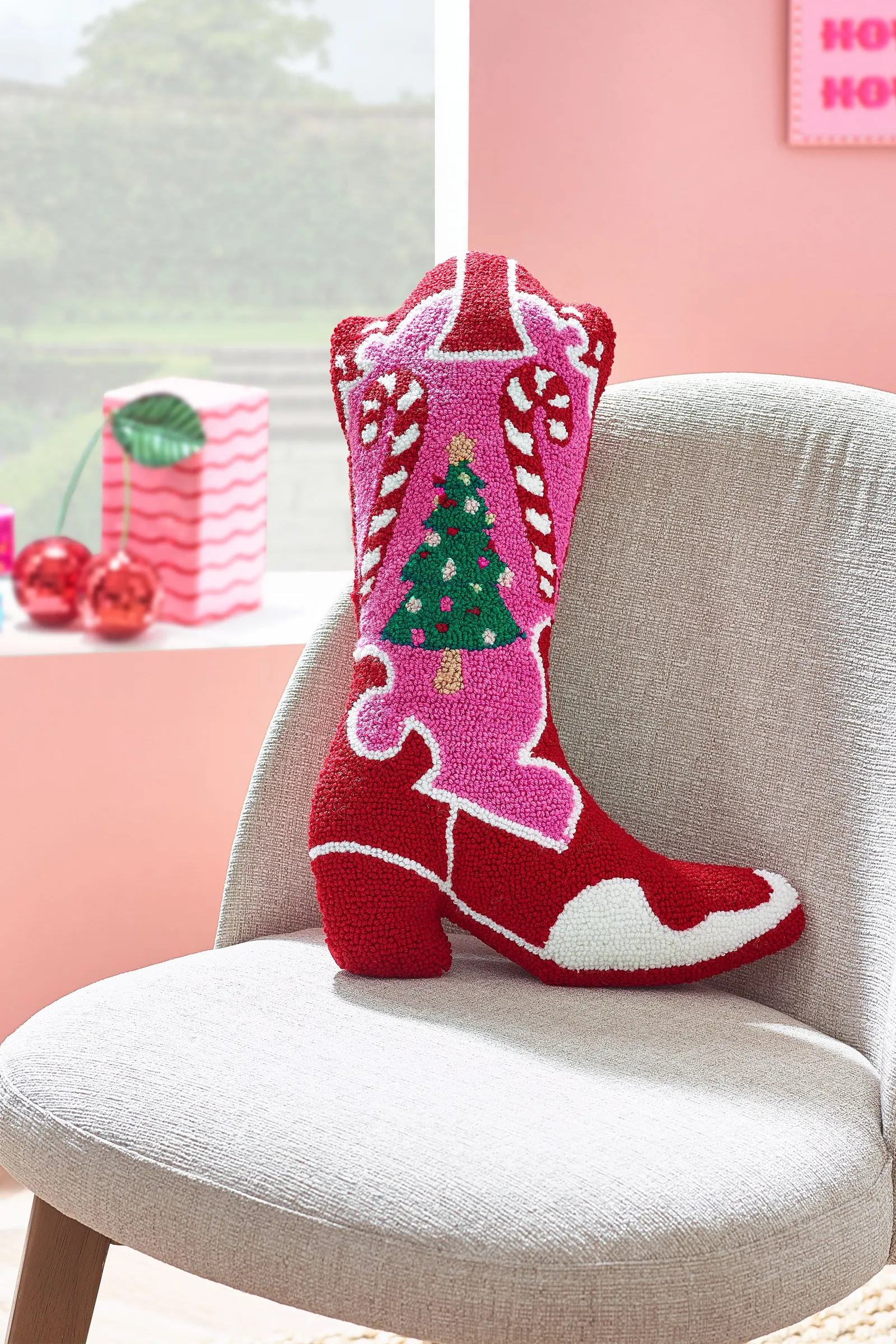 Catherine Lansfield 'Santa's Howdy Christmas' Boot Boucle 3D Shaped Cushion in Pink
