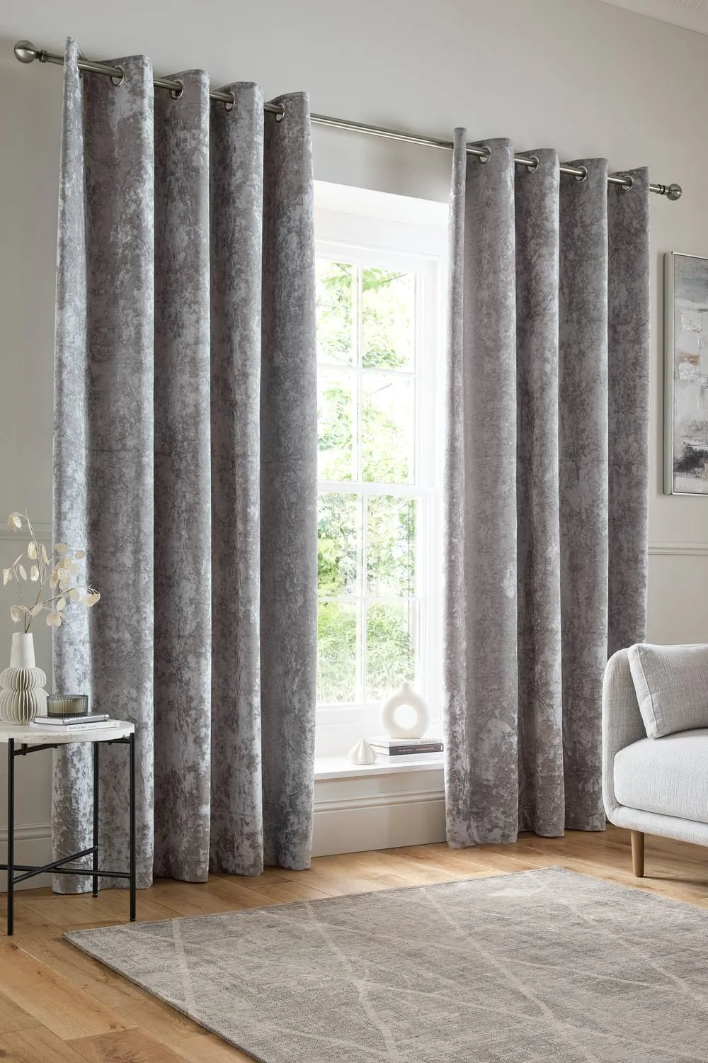Catherine Lansfield 'Crushed Velvet' Lined Eyelet Curtains in Silver 1