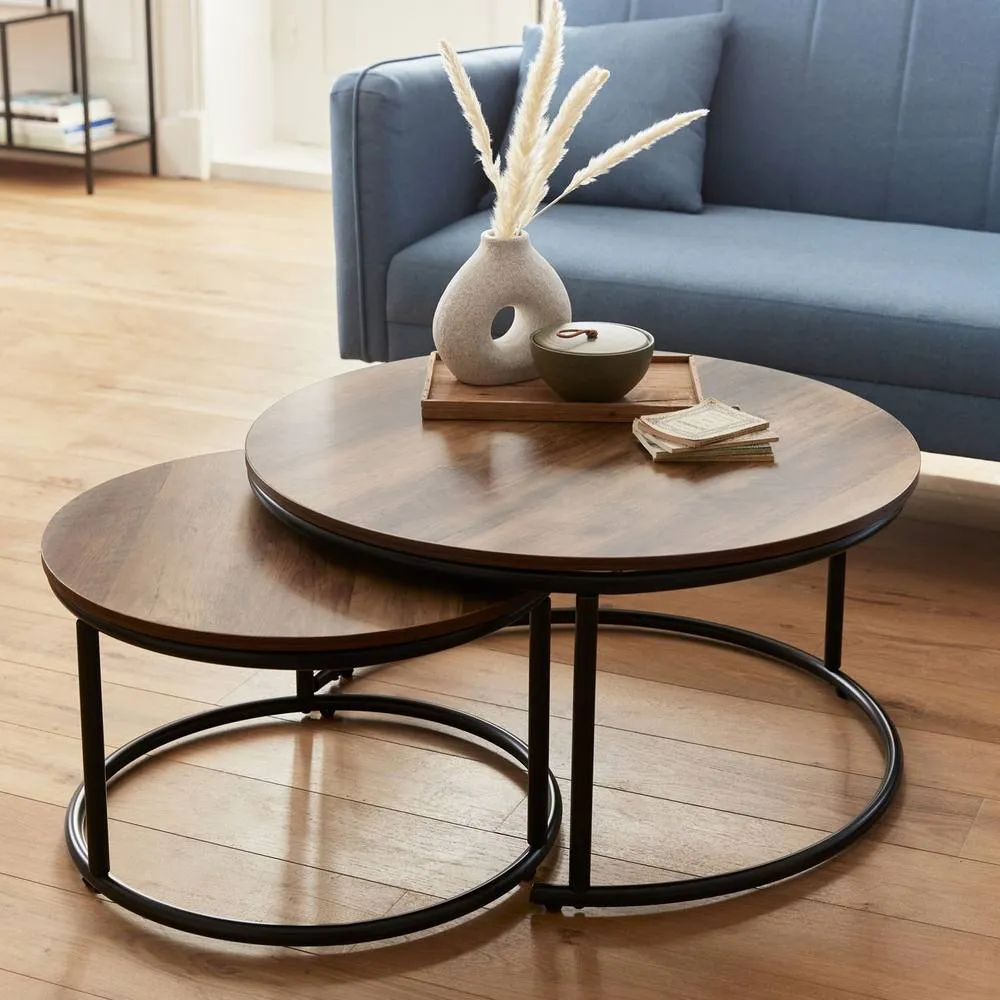 sweeek Pair Of Round Nesting Coffee Tables In Wood Effect in Light Brown 6