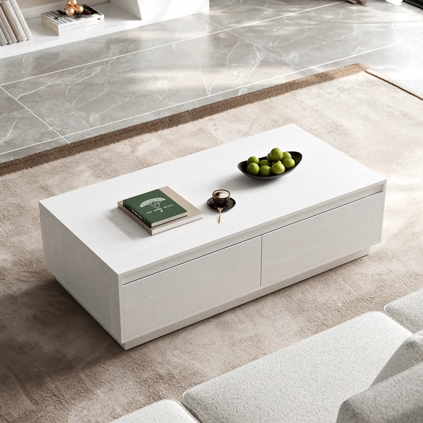 1200mm Mid Century Modern White Coffee Table Rectangular Block Living Room Table with Storage