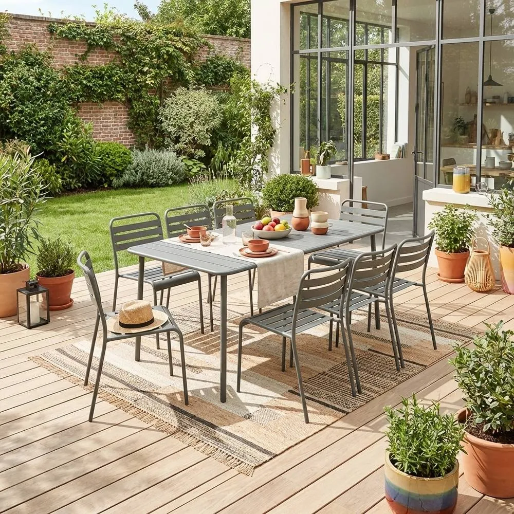 sweeek 8-seater metal garden table with 8 chairs in Khaki 1
