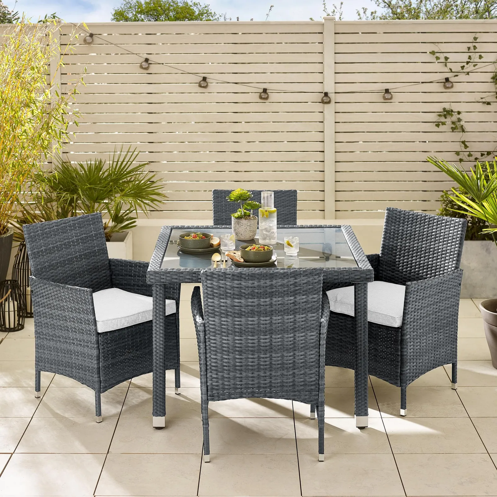 FurnitureboxUK Barbados Rattan Outdoor Garden Dining Set, PE Rattan & Cushions, 4 Chairs 1 Square Glass Top Outdoor Table in Grey 2