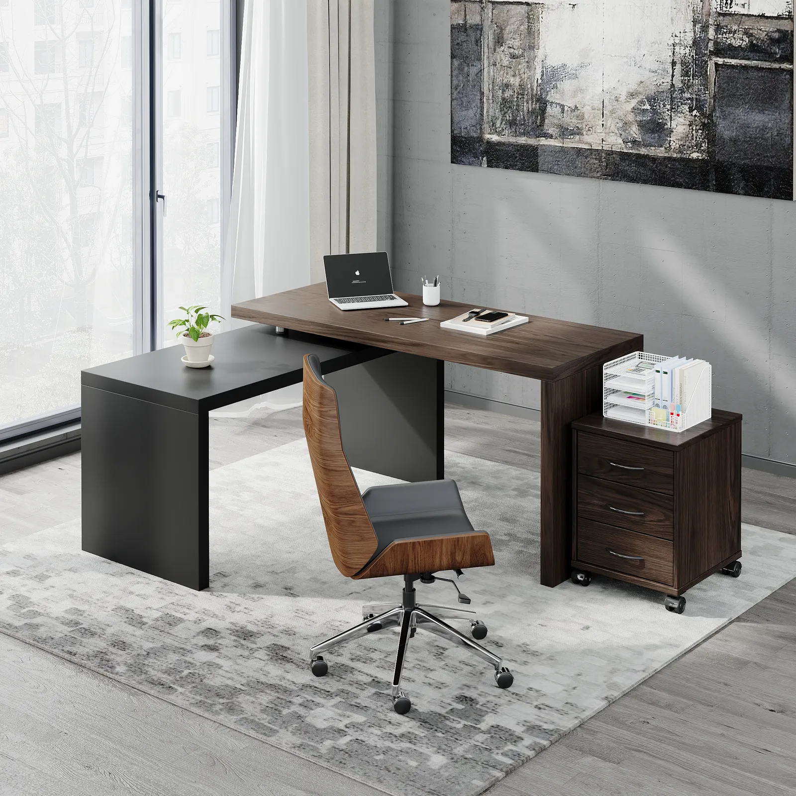 Modern L Shaped Executive Office Desk with with Movable File Cabinet Black & Walnut Swivel Desk Office Furniture (150 cm )