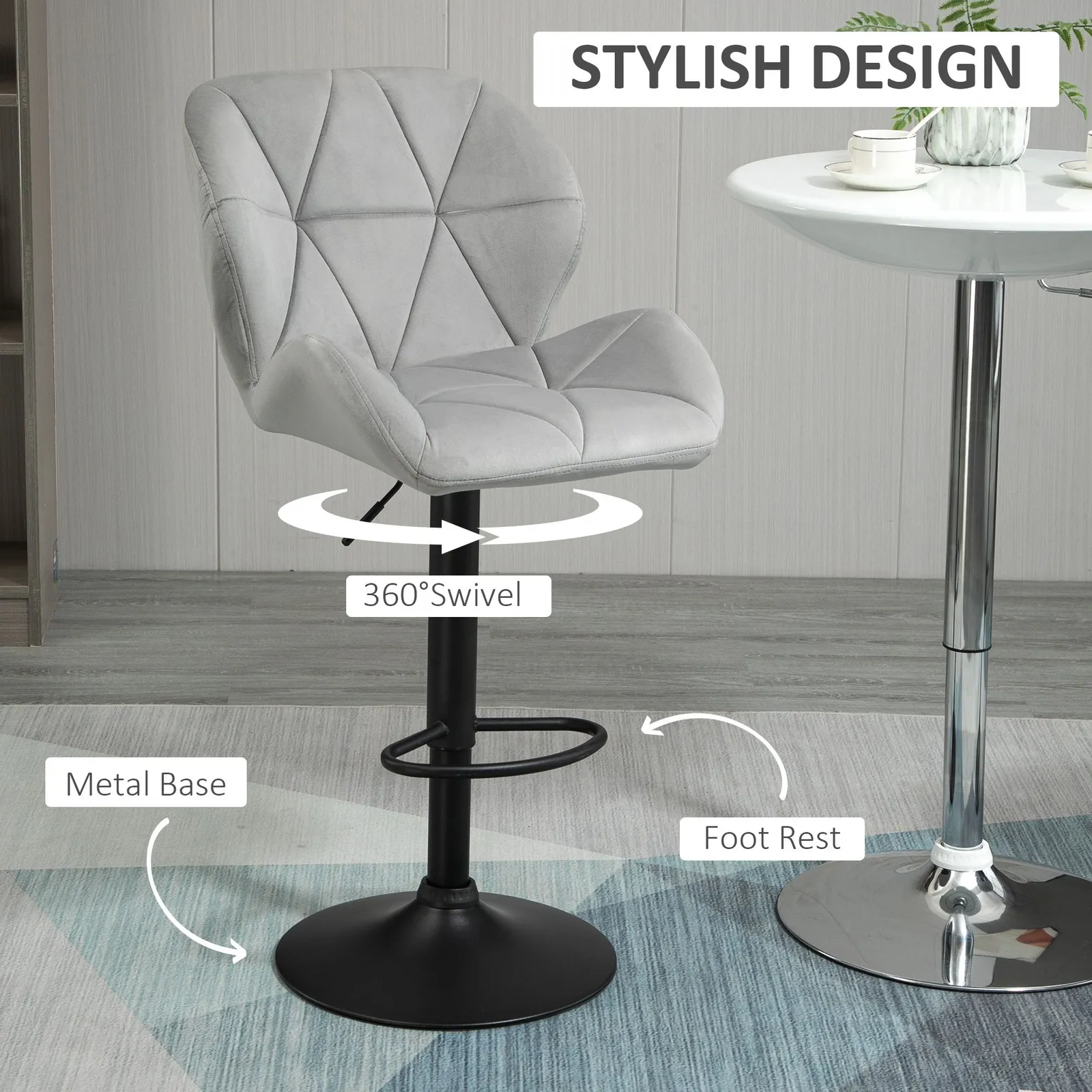 HOMCOM Velvet Bar Stools Set of 2 Back Padded Swivel Chairs for Breakfast in Light Grey 6