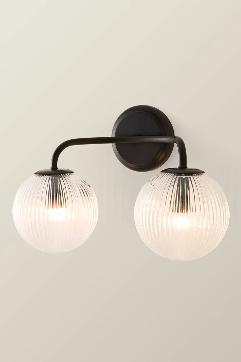 ValueLights Kempton Ribbed Glass Globe Shade 2 Arm Wall Light in Black 3