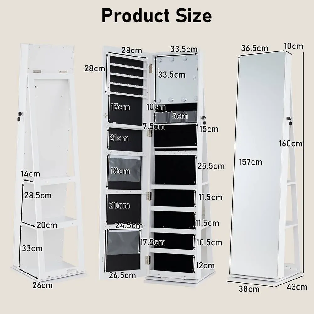 Costway Freestanding Jewelry Storage Organizer 360° Swivel Jewelry Cabinet in White 2