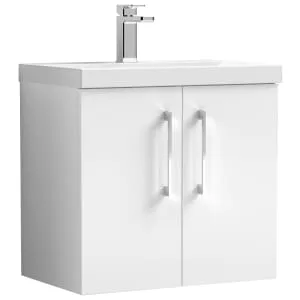 Nuie Arno Gloss White Wall Hung 2 Door Vanity Unit & Basin - 579 x 610mm