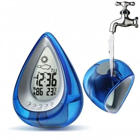 Smart Living Water Powered Multi Function Digital Battery-Free Drop Shape Desk Clock in Blue