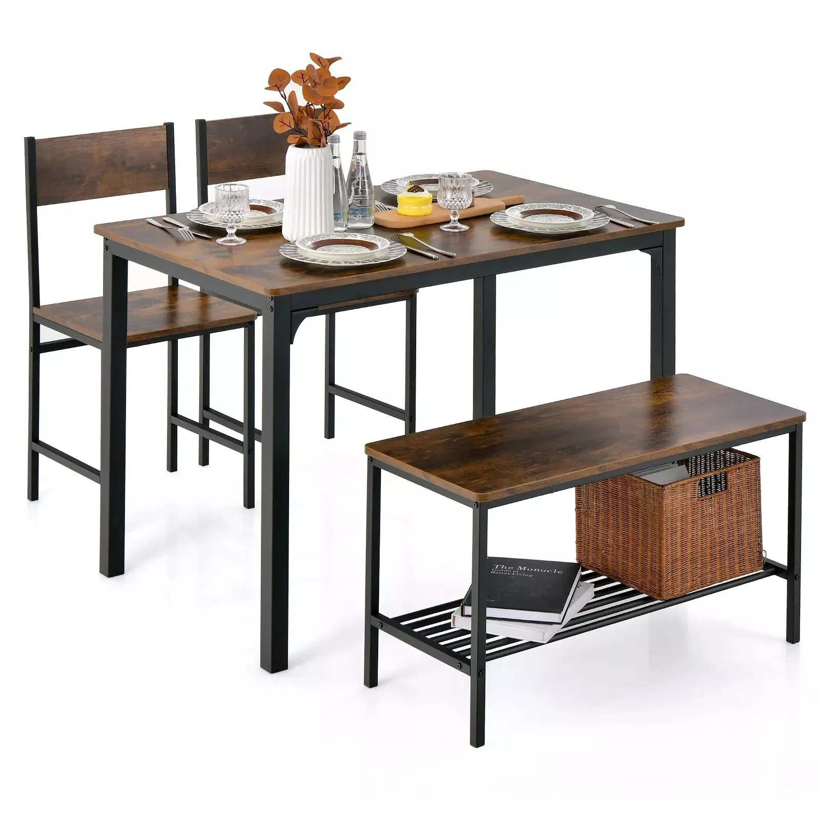 Costway 4-Piece Dining Table & Chair Bench Set Industrial Gathering Table Kitchen Set in Brown