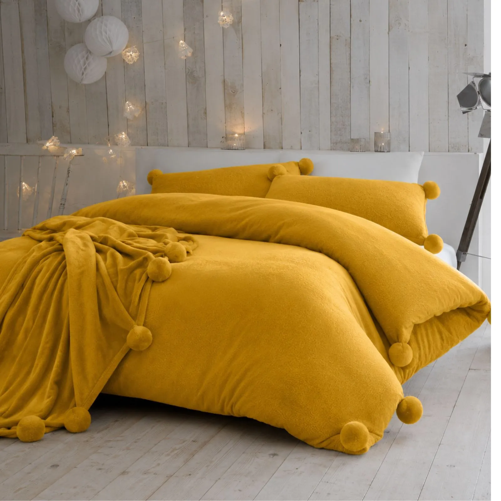 Smart Living Teddy Bear Fluffy Pom Pom Soft Fleece Duvet Cover Set With Pillowcases in Gold 2