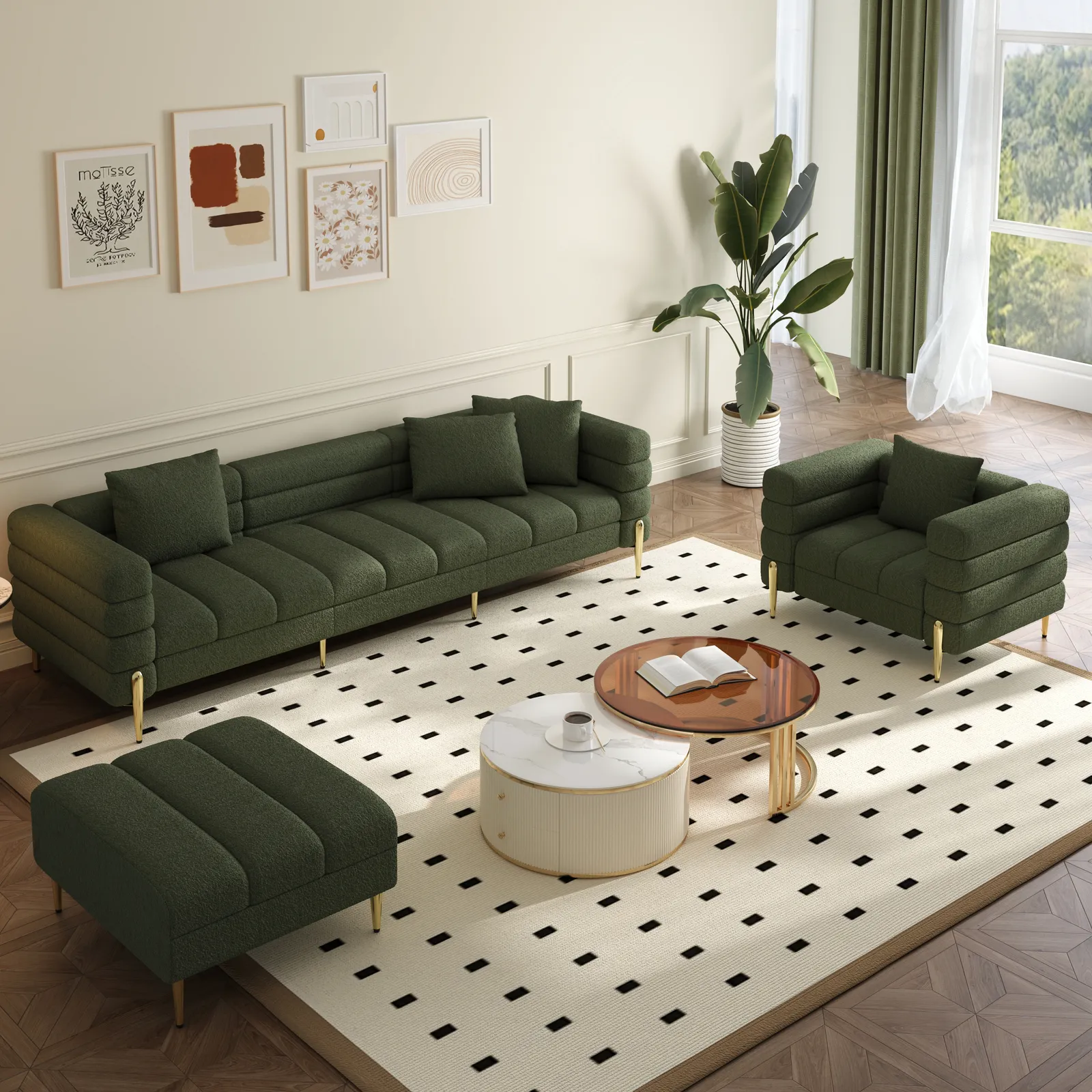 Axial 3-Piece Sofa Set of Chaise Sofa with Ottomans & Accent Chair