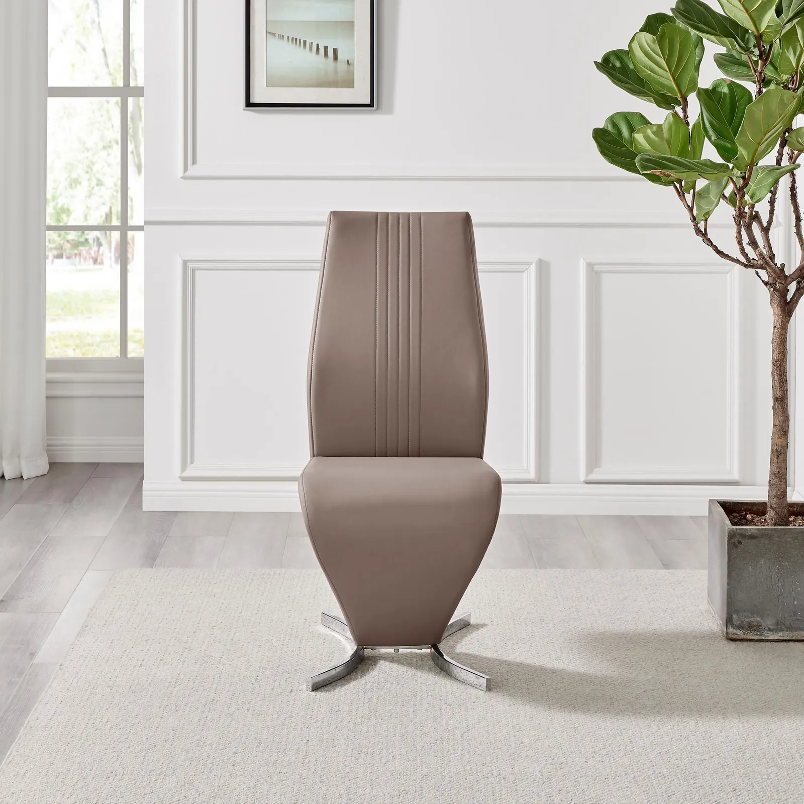 FurnitureboxUK Set of 2 Willow Contemporary Z Shaped Faux Leather Dining Chairs With Silver Chrome Metal Legs in Beige 4