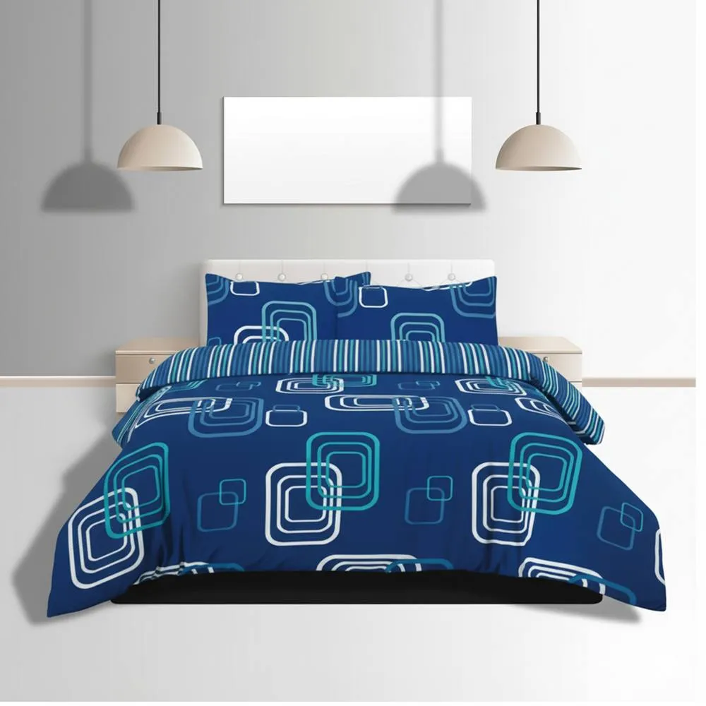 Snug City Duvet Cover & Pillowcase Set Geometric Square Design Bed Linen in Blue