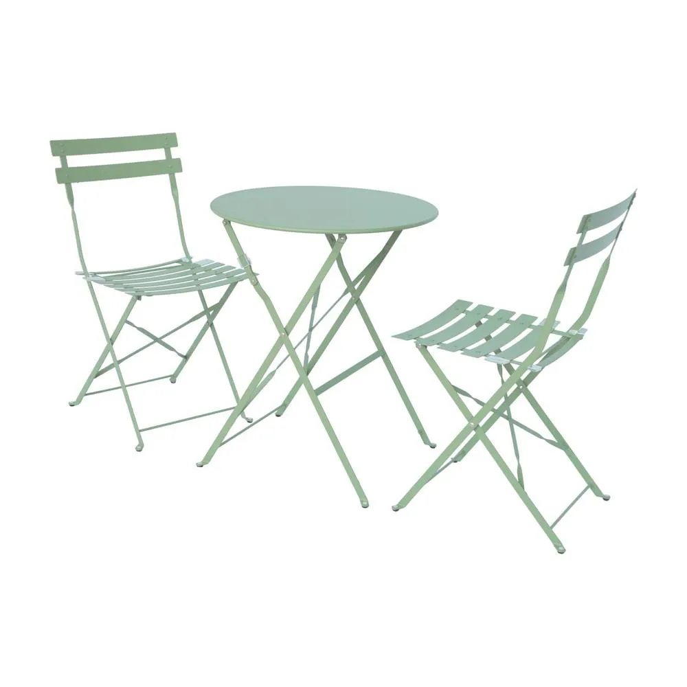 sweeek Round folding metal bistro garden table with 2 chairs in Light Green 2