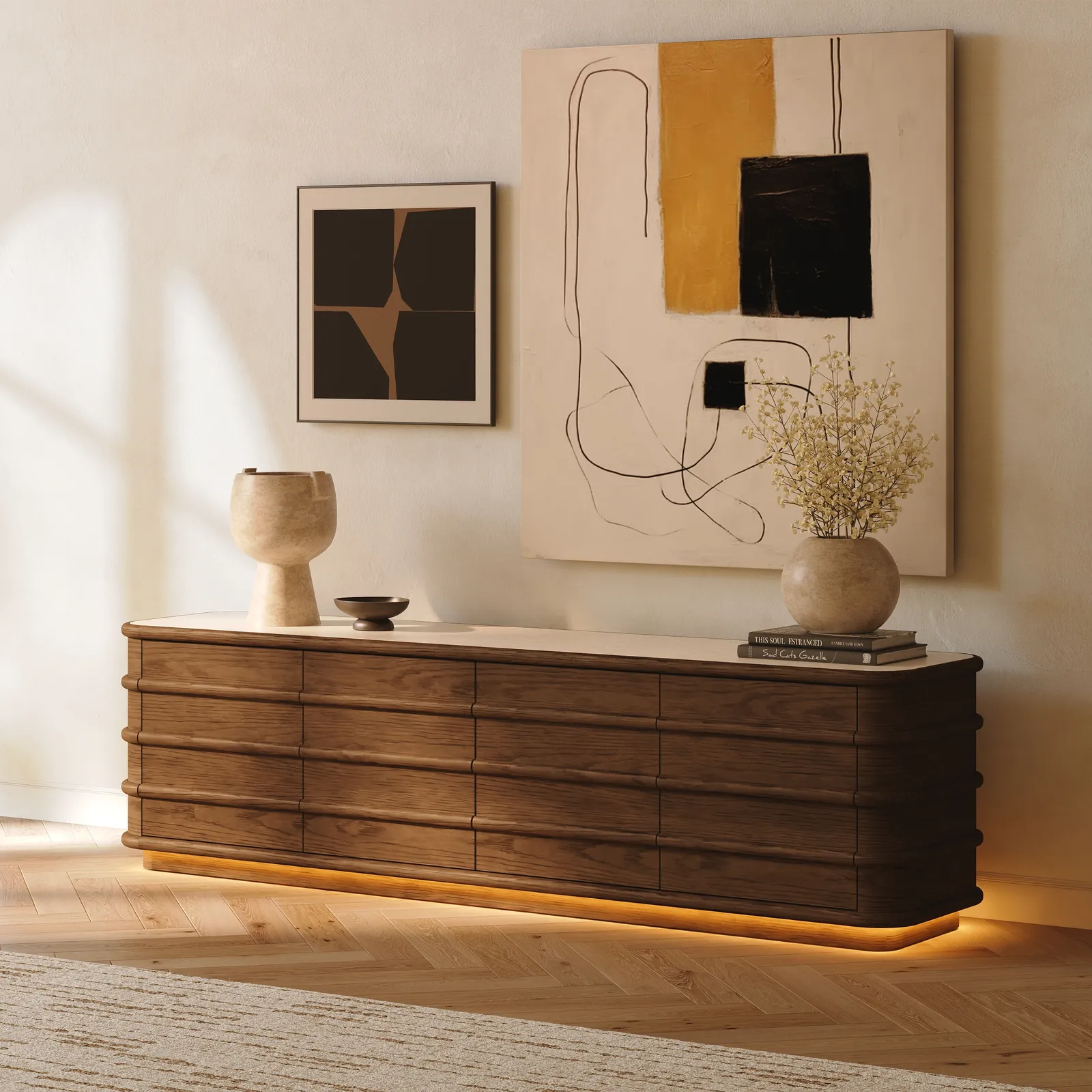 203cm Ash Wood Walnut TV Stand with Sintered Stone Top, Drawers & LED