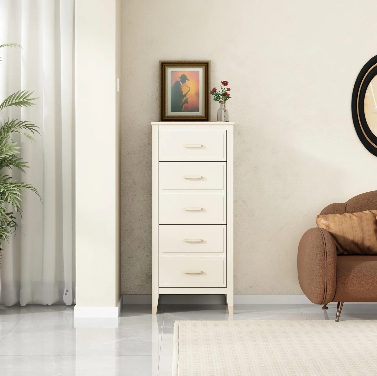 Cabinet Bits Palazzi 5 Drawer Narrow Chest of Drawers in Off-White 2