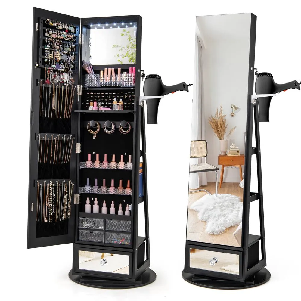 Costway 4 iN 1 Swivel Jewelry Cabinet Lockable Jewelry Armoire-Black in Black 3
