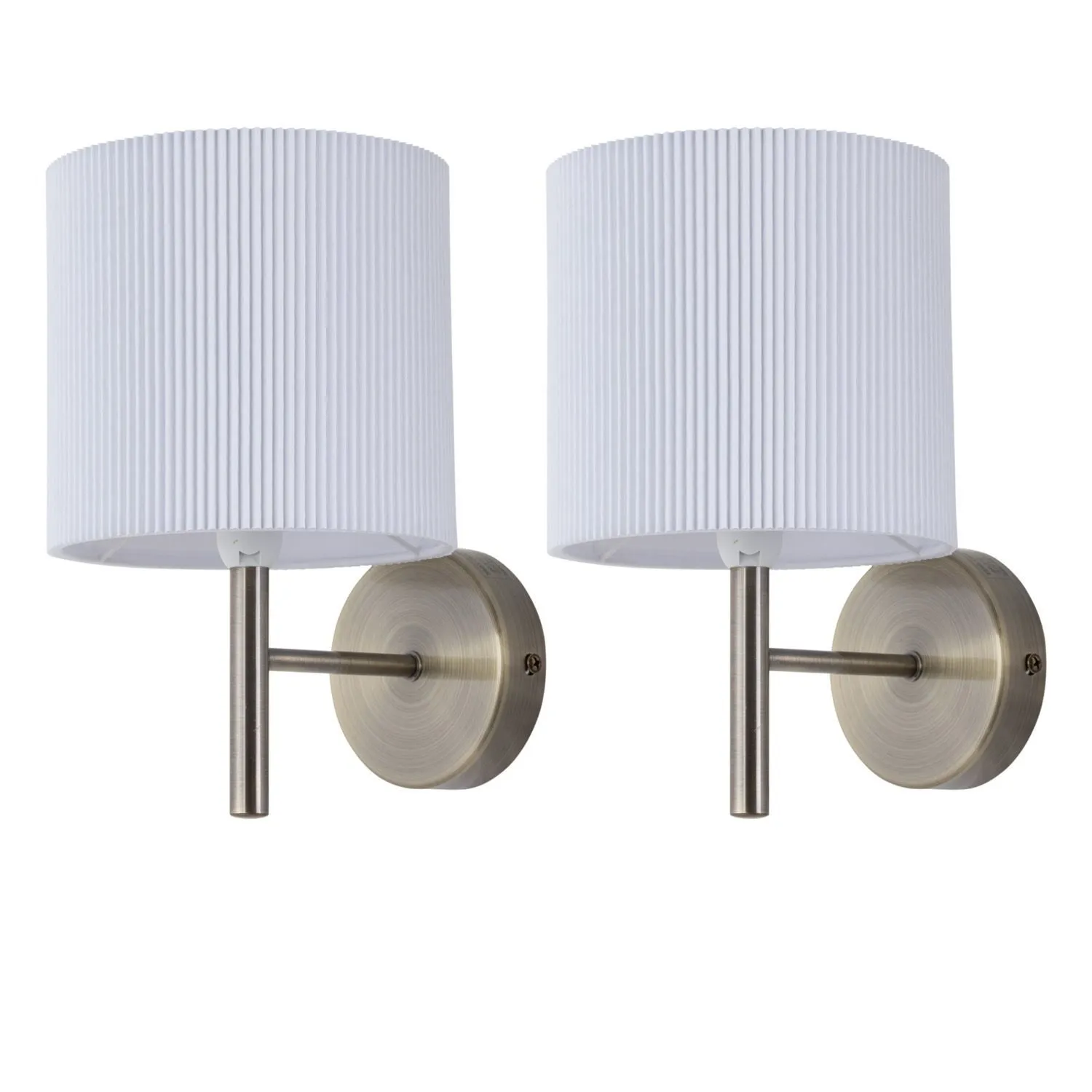 First Choice Lighting Set of 2 Brea - Antique Brass Wall Lights with White Pleated Shade in Bronze