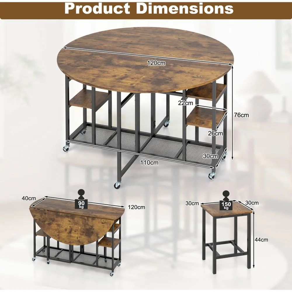 Costway 3-Piece Folding Dining Table Set Round Kitchen Table Set-Brown in Brown 6