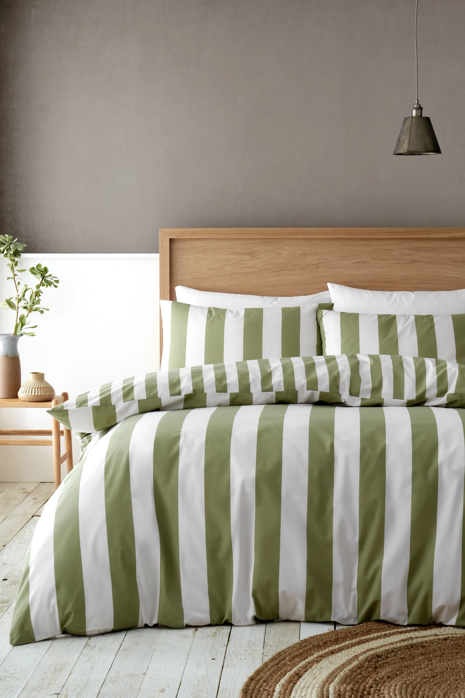 Catherine Lansfield 'Cove Stripe' Reversible Duvet Cover Set in Green 1