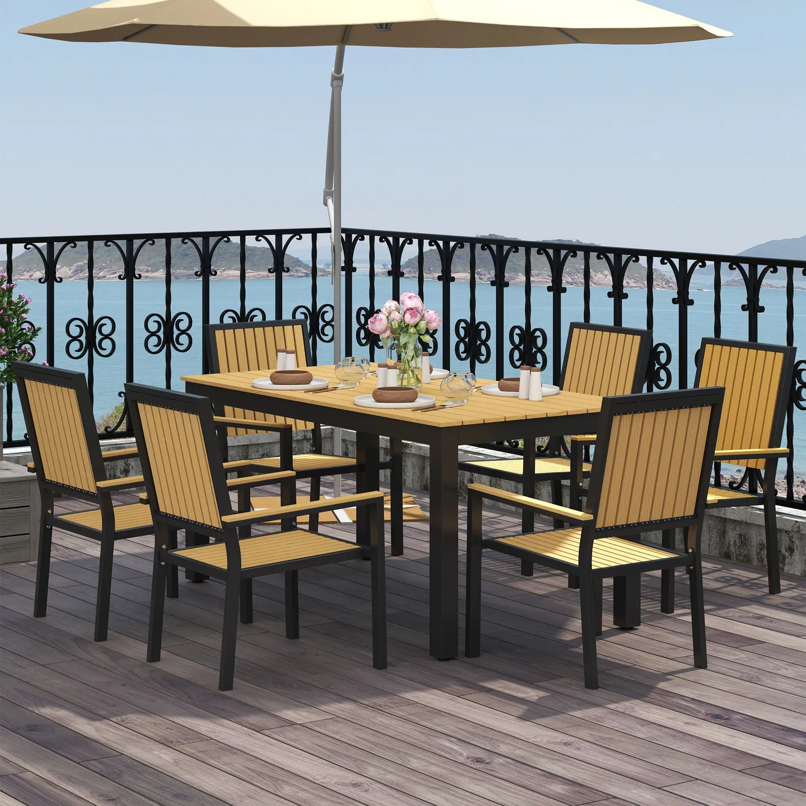 OUTSUNNY 6 Seater Aluminium Garden Dining Set with Stackable Chairs in Natural