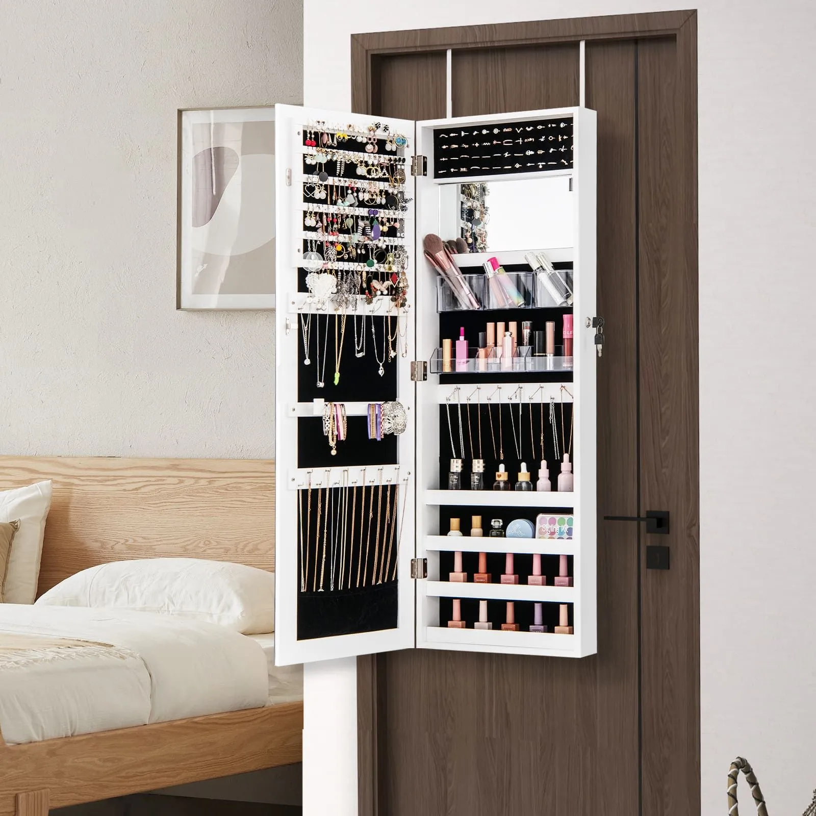 Costway Door Hanging Jewellery Cabinet Wall Mounted Jewelry Armoire w/ Full Length Mirro Lockable Cosmetics Jewellery Organiser Unit in White 3