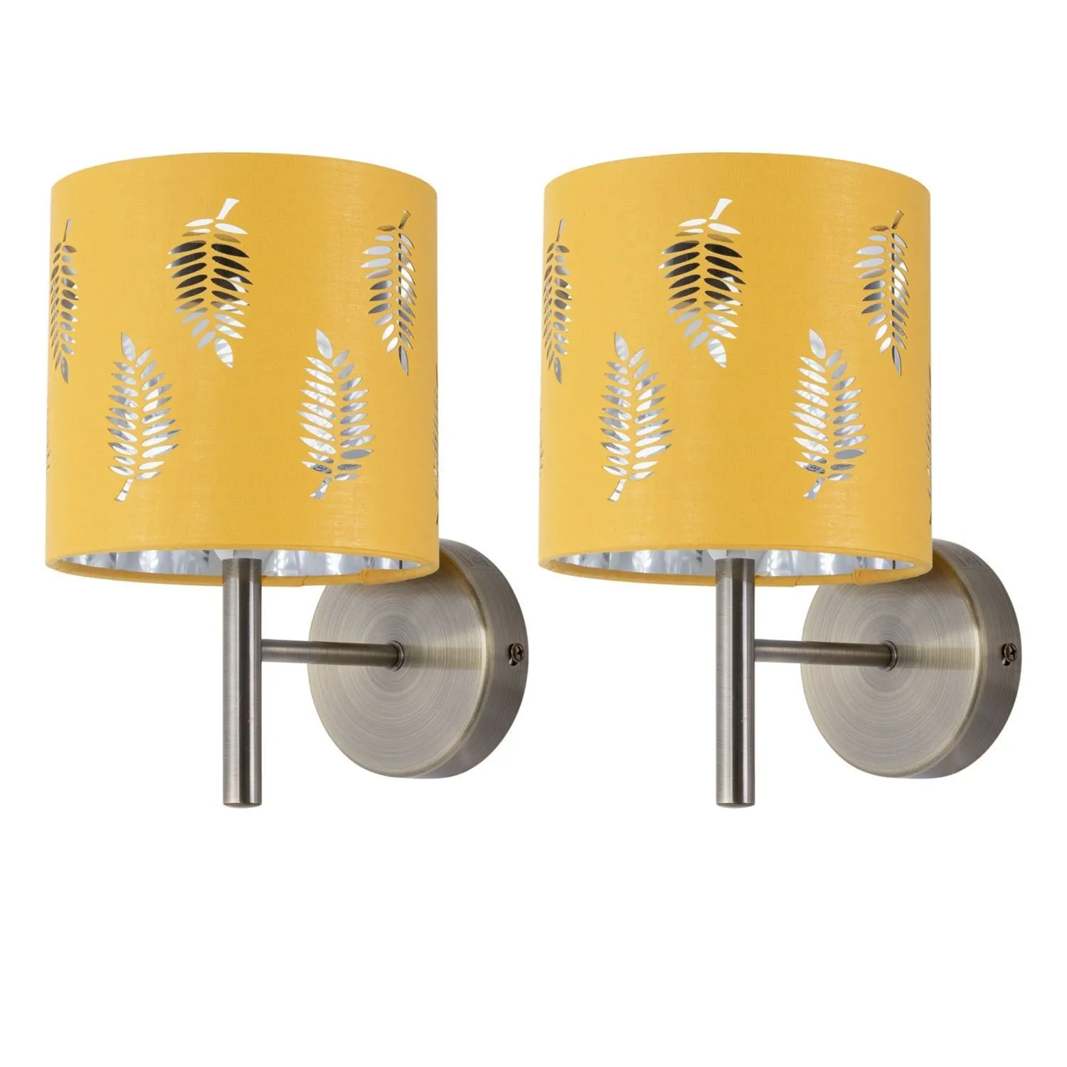 First Choice Lighting Set of 2 Brea - Antique Brass Wall Lights with Ochre Fern Shades in Gold